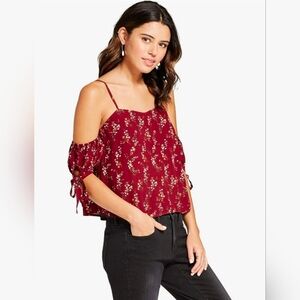 Xhilaration Women's Floral Short Sleeve Cold Shoulder Top - Red, XL New!
